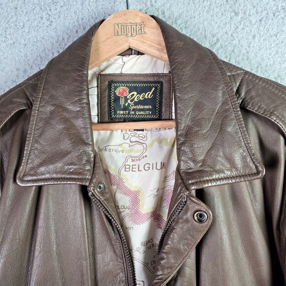Reed Sportswear Men Leather Coat R46 XL Brown Bomber Map Lining Deep Pockets Y2K - Picture 4 of 16